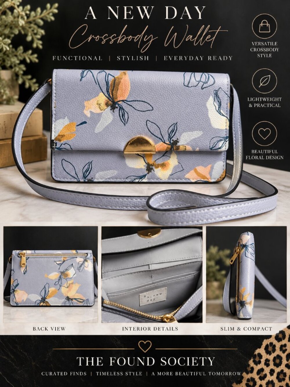 A New Day Floral Wallet Crossbody Bag Lavender Gold